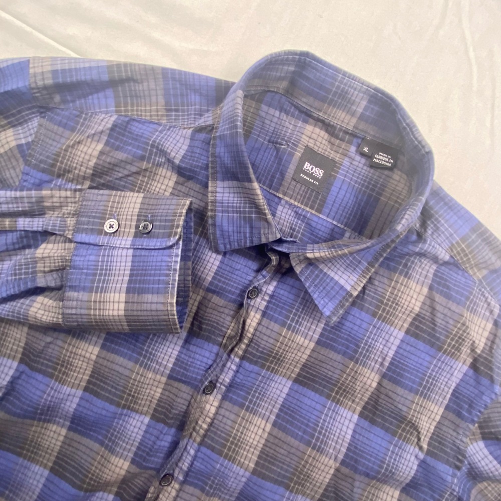 Hugo‎ Boss Regular Fit Shirt Mens XL Blue Gray Plaid Button Down Long Sleeve